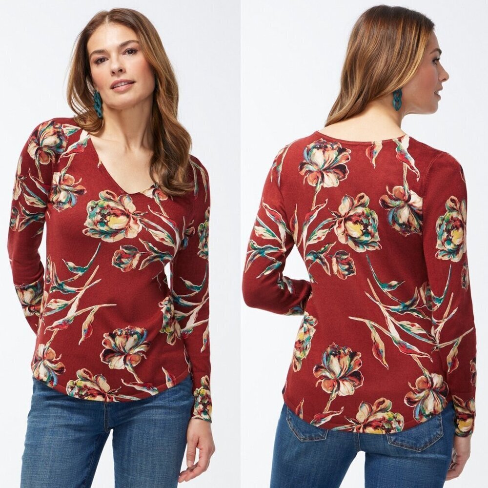 New Chico's Spun Rayon Floral V-Neck Sweater Size 1 US M